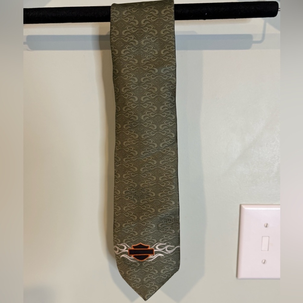Harley-Davidson Olive Green Patterned Tie with Logo Accent